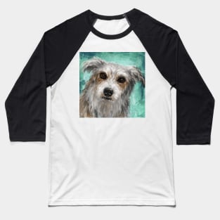 Painting of a Cute Hairy Dog, Looking Directly at You, Turquoise Background Baseball T-Shirt